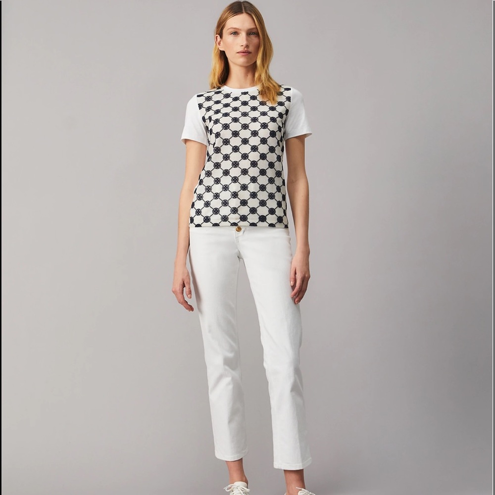 Tory Burch White Short Sleeve Tee with Navy Geometric Front